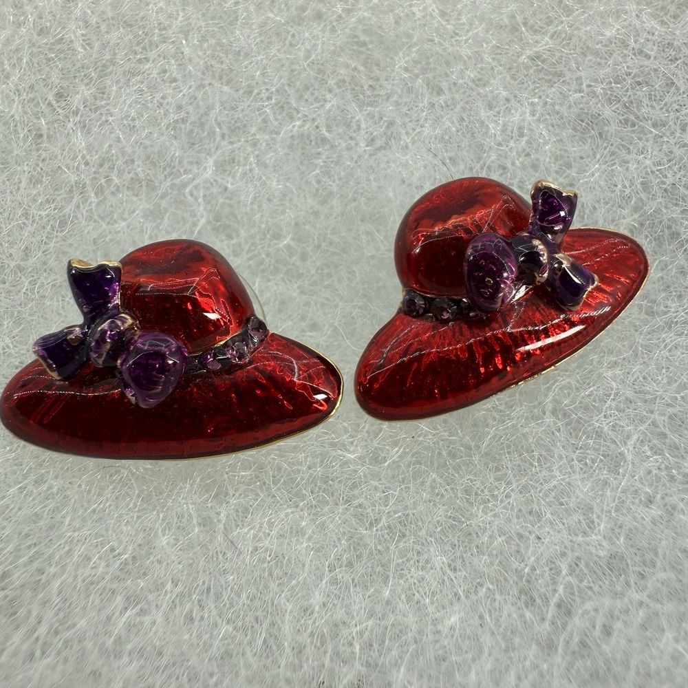 Vintage Red Hat Society Earrings Enamel Purple Rhinestone Flowers Gold Tone Stud